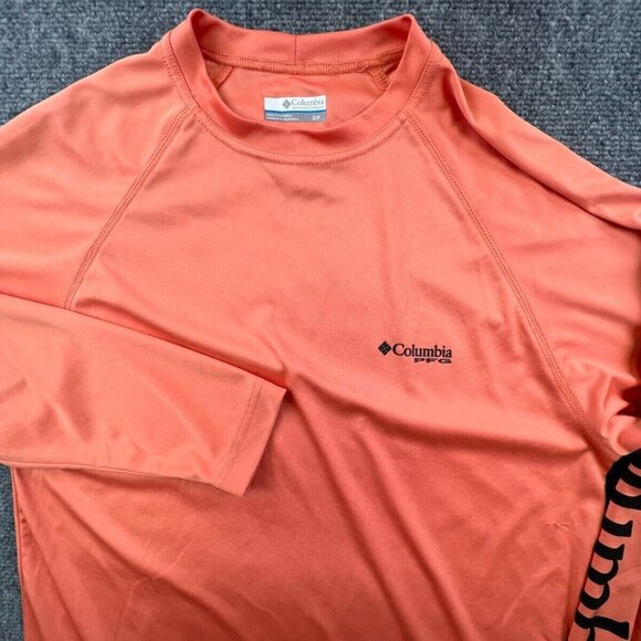 Columbia PFG Men’s Long Sleeve Orange T Shirt Men's Small Raglan Sleeve Logo - Picture 1 of 10